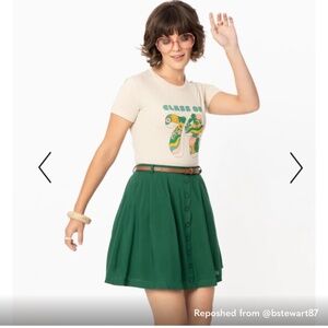 Unique Vintage Green Pleated Mini Skirt with Belt- Fall